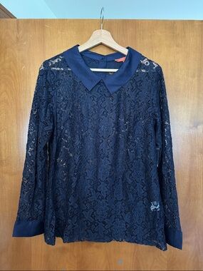 NWOT ModCloth Size XL Navy Lace Long-Sleeve Blouse with Peter Pan Collar